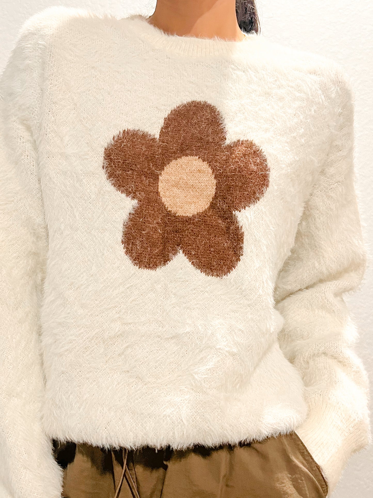 Brown Fuzzy Flower Sweater