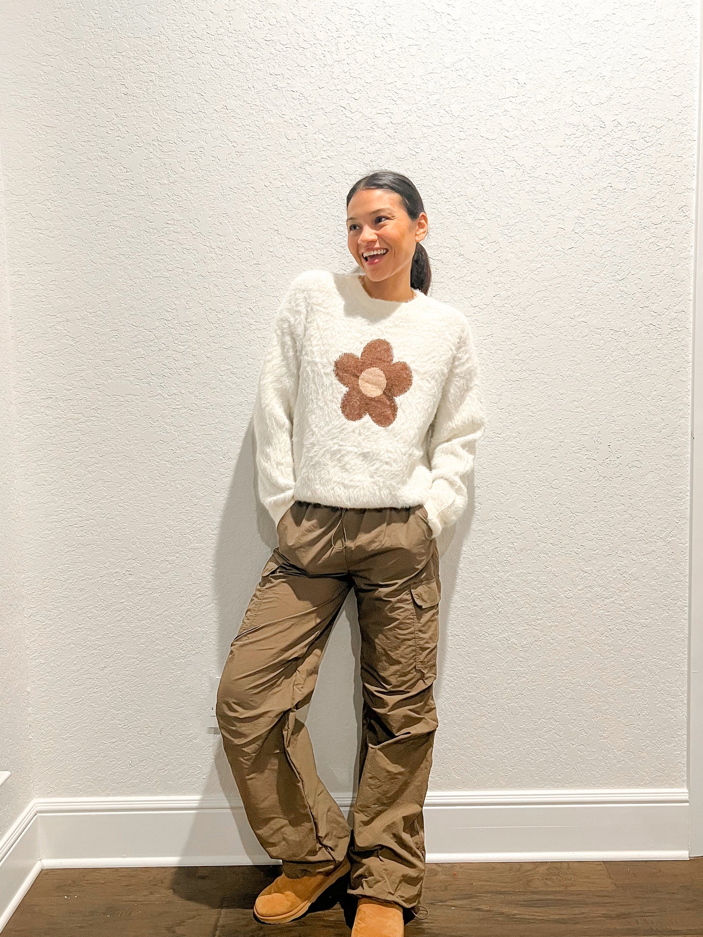 Brown Fuzzy Flower Sweater