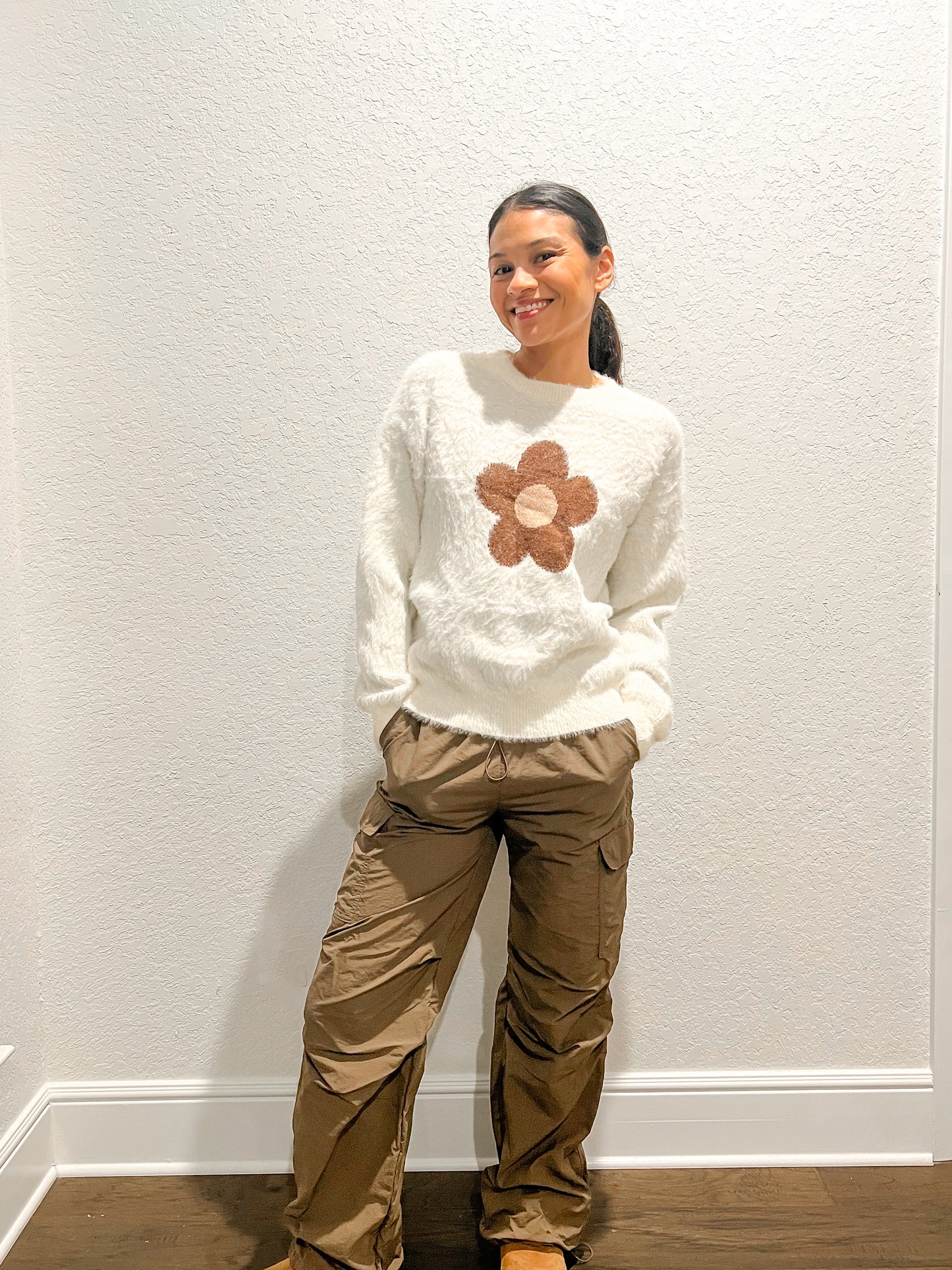 Brown Fuzzy Flower Sweater