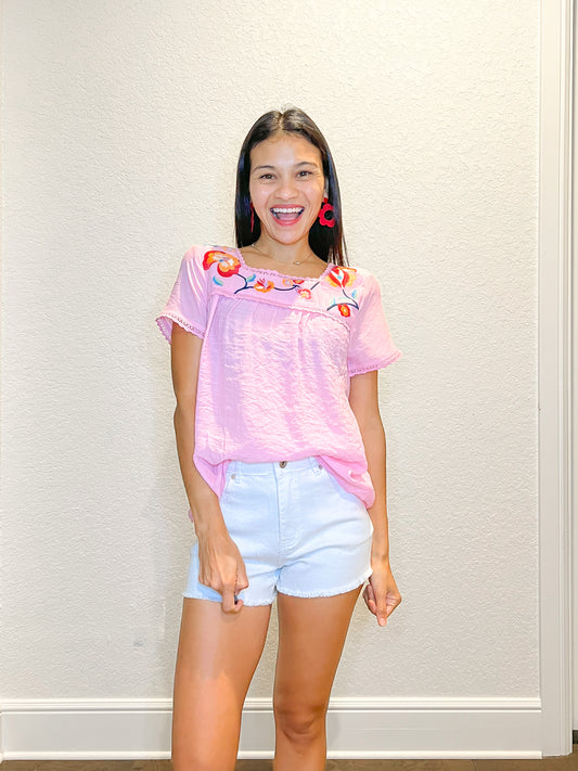 Pink Floral Embroidered Top