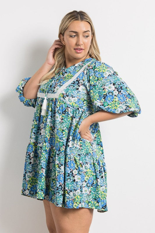 ✿Plus Size✿ Blue Flower Patch Dress